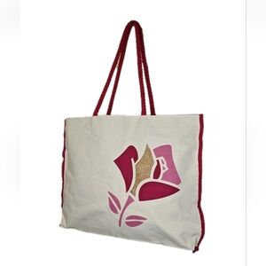 Lancome Paris 3 Canvas Shopper Tote Pink Rope Double Handle Librarian Travel NOS